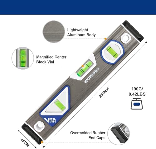  WORKPRO 254mm Livello a bolbo, misurazione orizzontale/verticale/45°, lettura davanti e laterale, ideale per costruttor